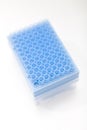 Blue pipette tips in container, one