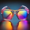 Blue and plain background glasses with reflections in urban and rainbow object glass mirrors