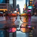 Blue and plain background glasses with reflections in urban and rainbow object glass mirrors