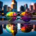 Blue and plain background glasses with reflections in urban and rainbow object glass mirrors