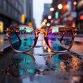 Blue and plain background glasses with reflections in urban and rainbow object glass mirrors