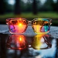 Blue and plain background glasses with reflections in urban and rainbow object glass mirrors