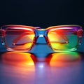 Blue and plain background glasses with reflections in urban and rainbow object glass mirrors