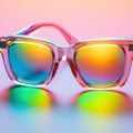 Blue and plain background glasses with reflections in urban and rainbow object glass mirrors