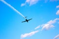 blue plane flying against a blue sky