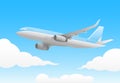 The blue plane is flying under the blue sky Royalty Free Stock Photo