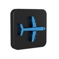 Blue Plane icon isolated on transparent background. Flying airplane icon. Airliner sign. Black square button. Royalty Free Stock Photo