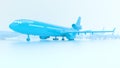 Blue plane on the white runway. Minimal concept. Aircraft travel minimal concept. Many planes in the background in depth of field