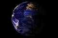 Blue planet earth from space showing America and Africa at night with sparkle glitter city lights, USA, globe world isolated on bl Royalty Free Stock Photo