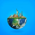 Blue planet Earth with landmarks. The concept of travel