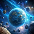 Blue Planet with Orbiting Asteroids in 4K Royalty Free Stock Photo