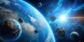 Blue Planet with Orbiting Asteroids in 4K Royalty Free Stock Photo