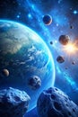 Blue Planet with Orbiting Asteroids in 4K Royalty Free Stock Photo