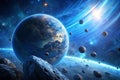 Blue Planet with Orbiting Asteroids in 4K Royalty Free Stock Photo