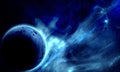Blue planet in space among the glow of stars and nebulae, abstract space 3d illustration, 3d image Royalty Free Stock Photo