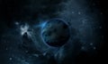 Blue planet in space and the radiance of stars, abstract space illustration, 3d image Royalty Free Stock Photo