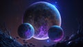 Blue planet with three moons covered with purple luminous organic web Royalty Free Stock Photo