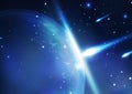 Blue Planet, world and space, Earth with meteors on galaxy, blue light background vector illustration in horizontal