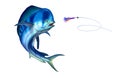 Blue plastic ÃÂ¼ahi mahi or dolphin fish attacks bait sea swim squids skirt. Royalty Free Stock Photo