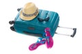 Blue plastic bag, straw hat, sunglasses and beach shales Royalty Free Stock Photo