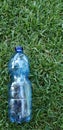 blue plastic bottle on green grass on the lawn, garbage.