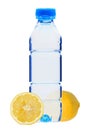 Blue plastic bottle of water and lemon isolated on white Royalty Free Stock Photo