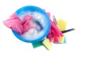 Blue plastic bowl with soap water and foam, colorful household u Royalty Free Stock Photo