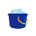Blue plastic bucket with yellow handle filled with soapy water and bubbles in cartoon style vector Illustration Royalty Free Stock Photo