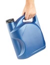 Blue plastic canister for lubricants in hand, container for chemistry isolated