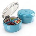 Blue plastic container with transparent lid holding assorted berries and peas image Royalty Free Stock Photo