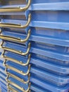 blue plastic containers with chrome color handles