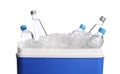 Blue plastic cool box with ice cubes and bottles of water on white background Royalty Free Stock Photo