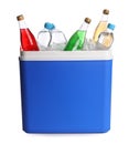 Blue plastic cool box with ice cubes and refreshing drinks on white background Royalty Free Stock Photo