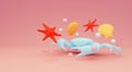 Blue plastic crab with colorful plastic shells, starfish and pearls on a pink background, 3d render. Royalty Free Stock Photo