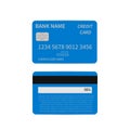 Blue plastic credit card isolated on white. Front and back sides. Flat design style vector illustration. Online payment, banking Royalty Free Stock Photo