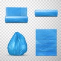 Blue plastic garbage bag set realistic vector illustration polyethylene trashbag trash and rubbish