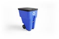 Blue plastic garbage bin with recycling logo