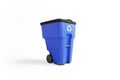 Blue plastic garbage bin with recycling logo.