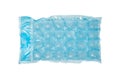 Blue plastic packaging ice bags for home water freezing isolated on white background. Ice cubes in plastic bag texture background Royalty Free Stock Photo