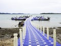 Blue plastic pontoon walk way on mud beach. Royalty Free Stock Photo