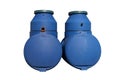 Blue plastic septic tanks stand in a row. Two cylindrical containers. Isolated background, a large of sewage