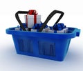 Blue plastic shopping basket with boxes of gifts Royalty Free Stock Photo