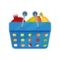 Blue plastic shopping basket full of fresh fruits. Natural and healthy food. Organic products. Flat vector icon Royalty Free Stock Photo