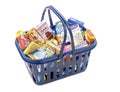 a blue plastic shopping cart full with various boxes with products for home use Royalty Free Stock Photo