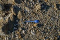 A blue plastic spoon in a desert area lies in the dust