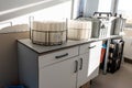Blue plastic storage boxes on a laboratory counter.Automatic wastewater sampler equipment in laboratory setting Royalty Free Stock Photo