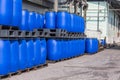 Blue Plastic Storage Drums containers for liquids in Chemical Pl Royalty Free Stock Photo