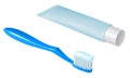 Blue plastic toothbrush with toothpaste and tube of toothpaste with white cap Royalty Free Stock Photo