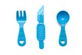 Blue plastic toys of a fork, scoop and knife