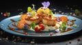 Colorful fresh fish dish with flowers, promoting healthy and appetizing eating. Haute cuisine